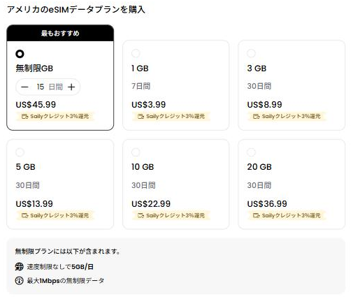 データプラン一覧(1GB/7日〜)の価格表部分