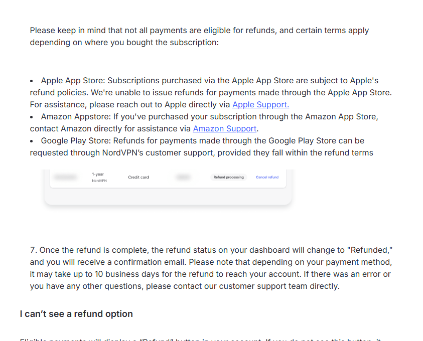 「up to 10 business days」(着金までの日数)および「Apple App Store」の除外条件の記載箇所