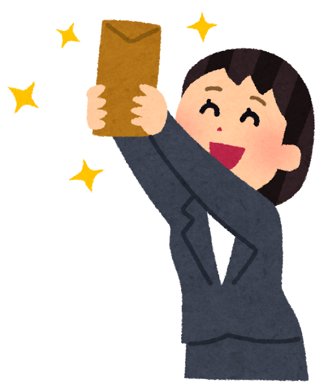 お給料の封筒を高く掲げて、うれしそうに笑っているスーツ姿の女性のイラスト