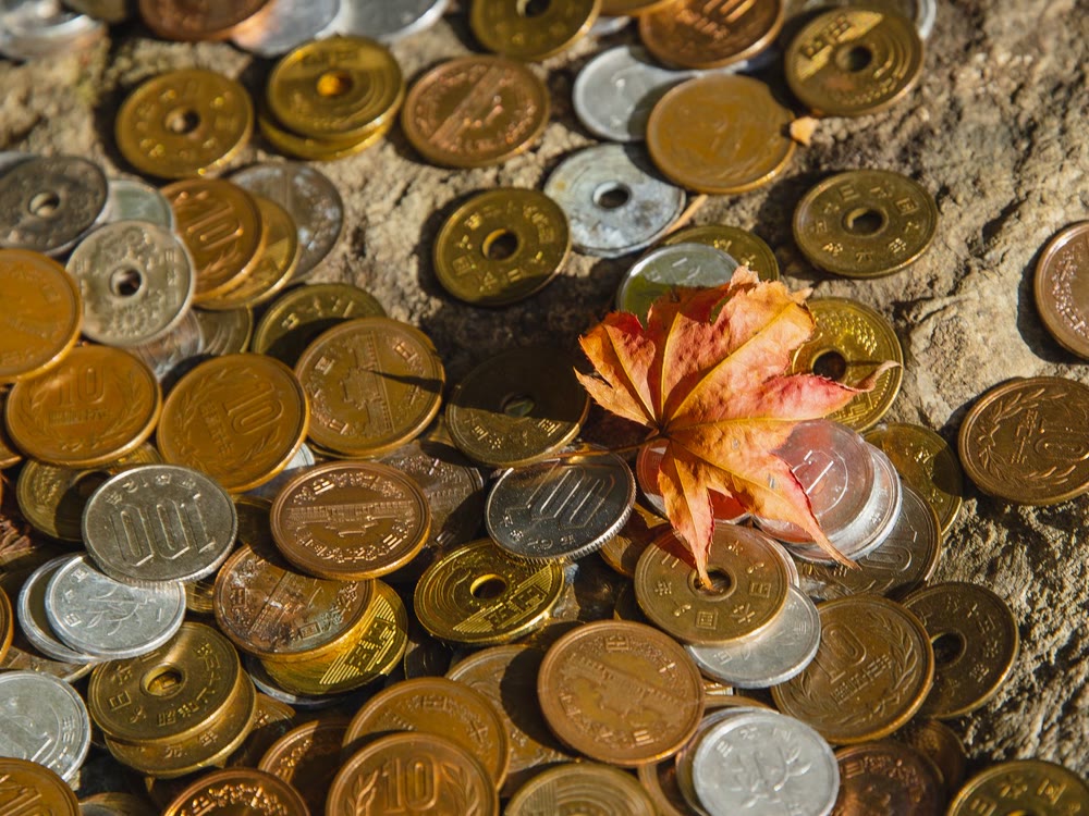 石の上に散らばった、たくさんの日本の硬貨と赤いもみじの葉