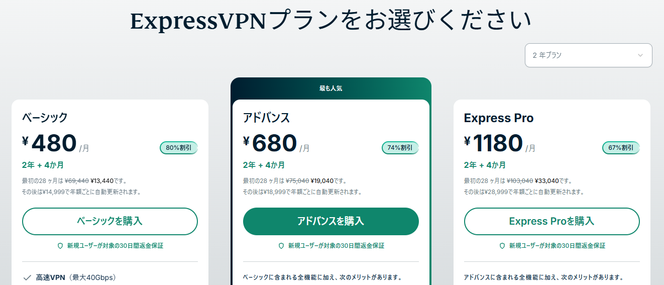 ExpressVPN公式サイトの料金ページで、3つのプランと月額料金が並んでいる画面