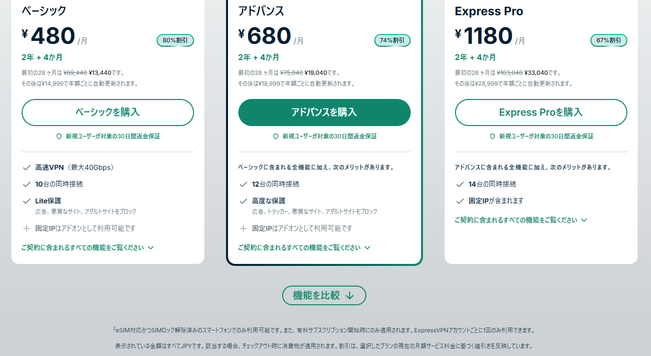 ExpressVPN公式サイトの料金ページで、各プランの機能の違いと注意書きが表示されている画面