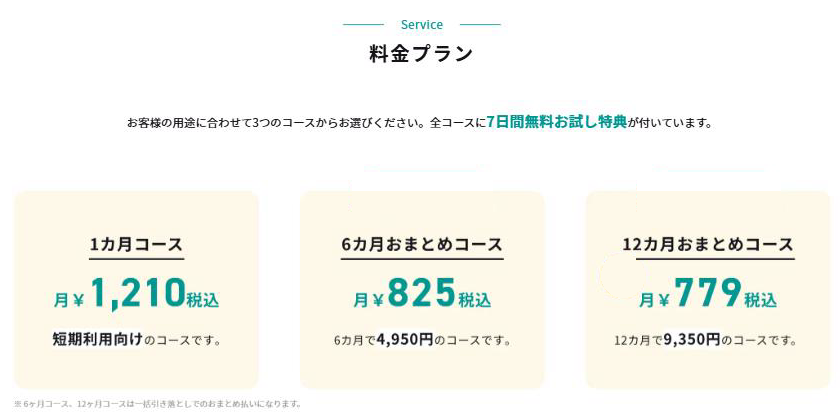 Glocal VPN公式サイトの動画視聴ページで、3つのコースの月額料金が並んでいる画面
