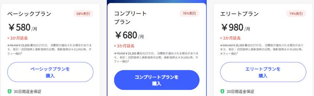 3つのプランの月額料金と割引率、購入ボタンを並べた料金カード