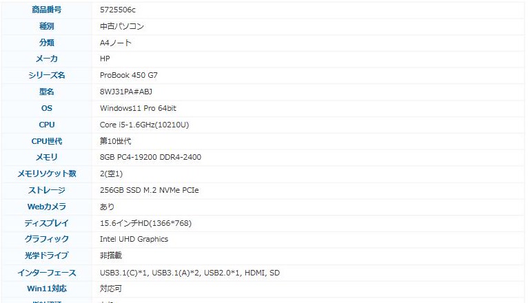 Qualitの商品ページの仕様表。OS・CPU・CPU世代・Win11対応の行が並び、Win11対応は対応可と書かれている